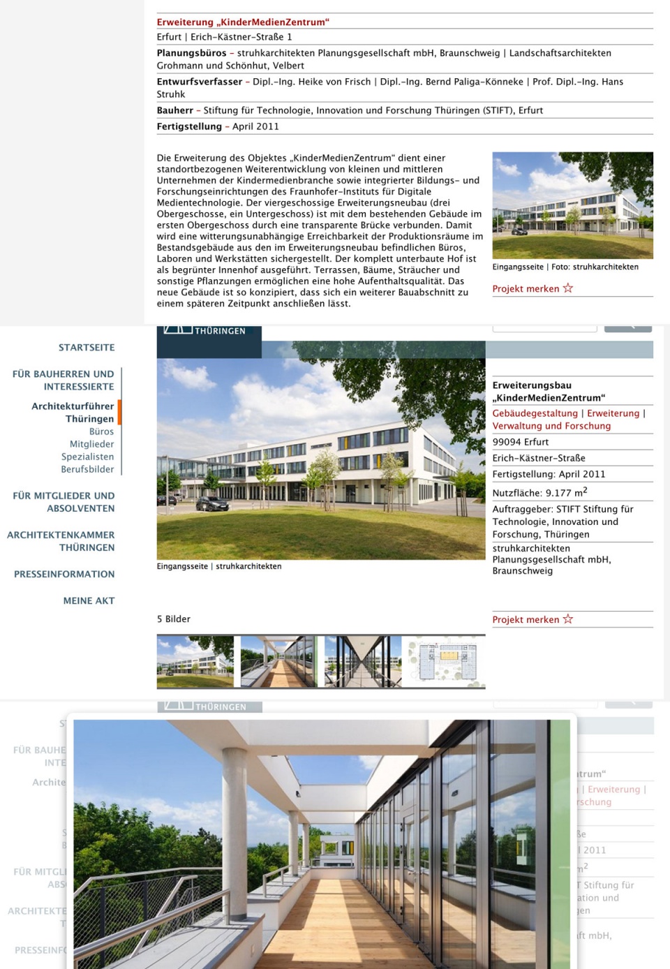 Beispiel für Bildgrößen im festen Layout: Projekt-Kurzansicht, Projektdetail, Großansicht • Bildschirmfoto www.architekten-thueringen.de 11/2012