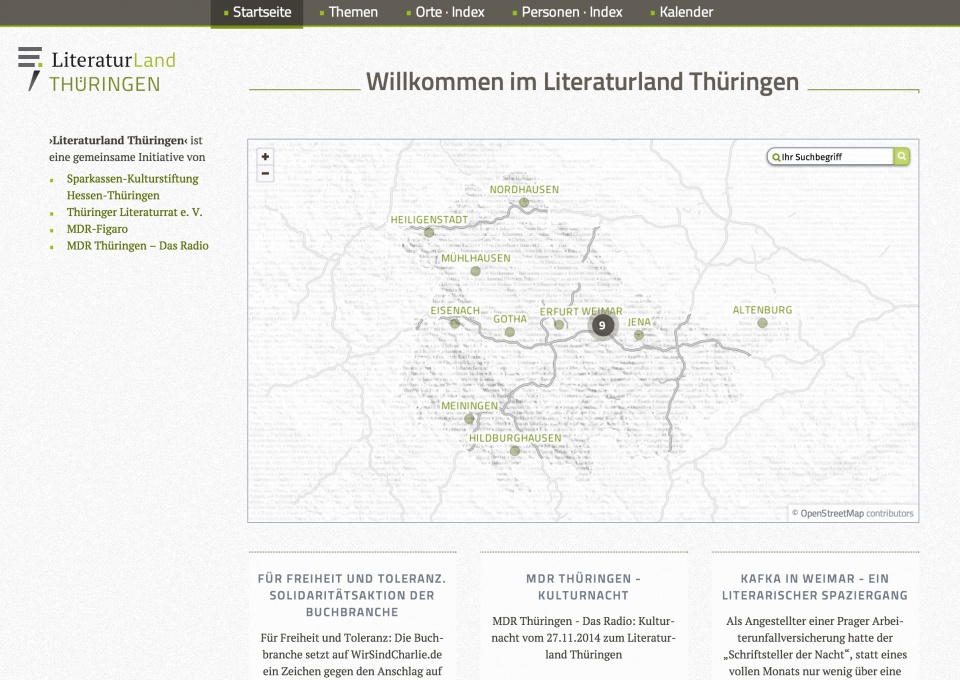 Website Literaturland Thüringen • Bildschirmfoto der Startseite vom 13.01.2015