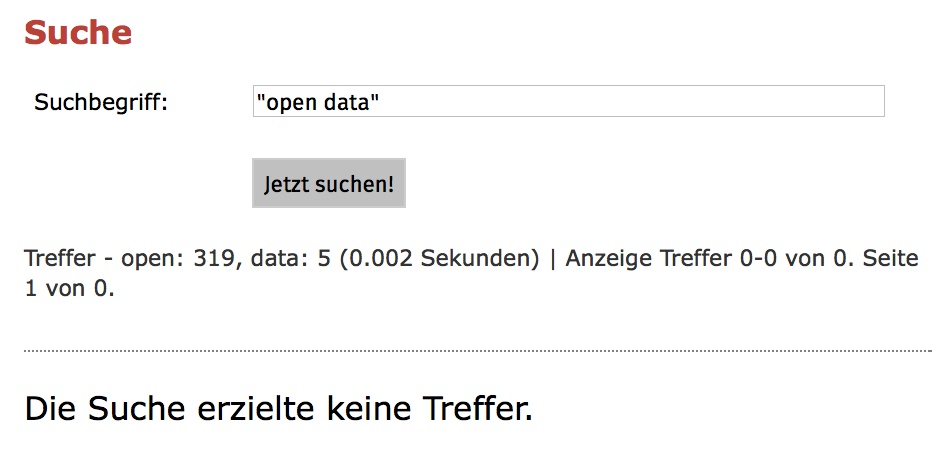 Keine Ergebnisse für „open data“ in Weimar? • Bildschirmfoto der Suchseite auf weimar.de mit Suchbegriff „open data“ am 23.02.2015 (Ausschnitt)