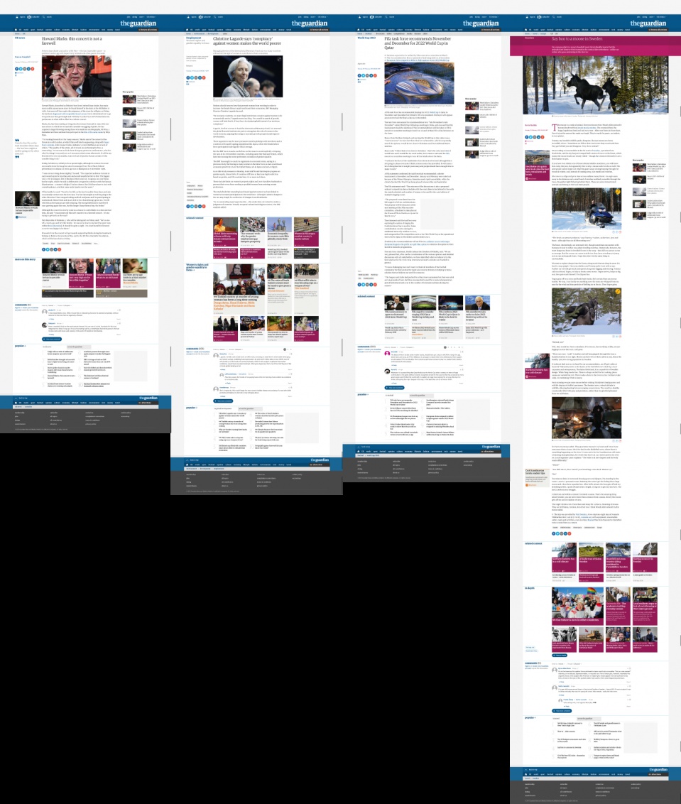 Montage von vier zufällig gewählten Artikelseiten des Guardian • Bildschirmfotos vom 24.02.2015