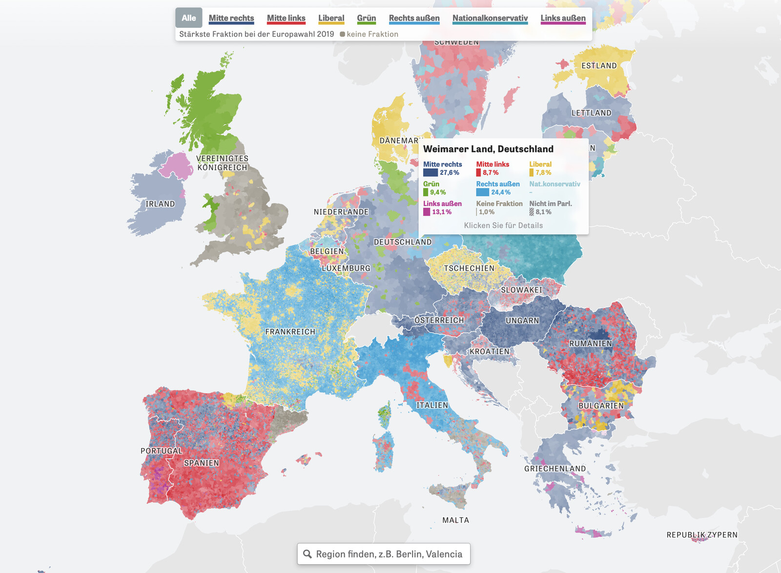 Wahlergebnisse Europawahl 2019 visualisiert, Bild: Bildschirmfoto ZEIT online
